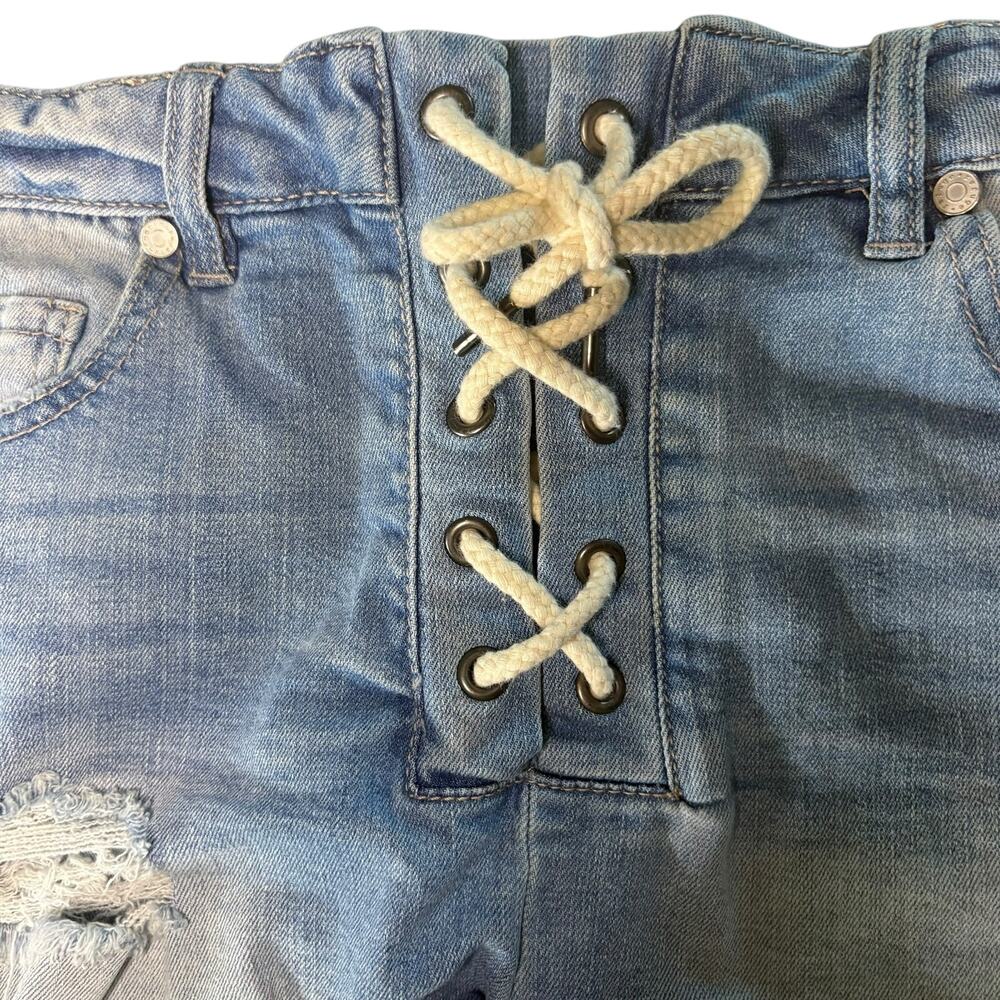 Refuge Lace Up Tie Front Cut Off Distressed Blue Jean Short Shorts sz 8 - Picture 3 of 13